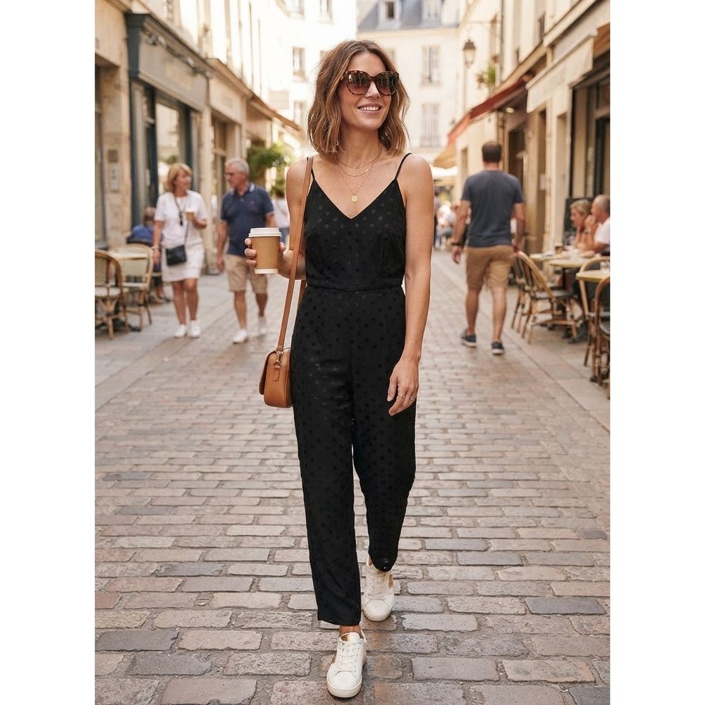Anthropologie The Essential Jumpsuit Black Polka Dot V-Neck Sleeveless SZ 2 NWT